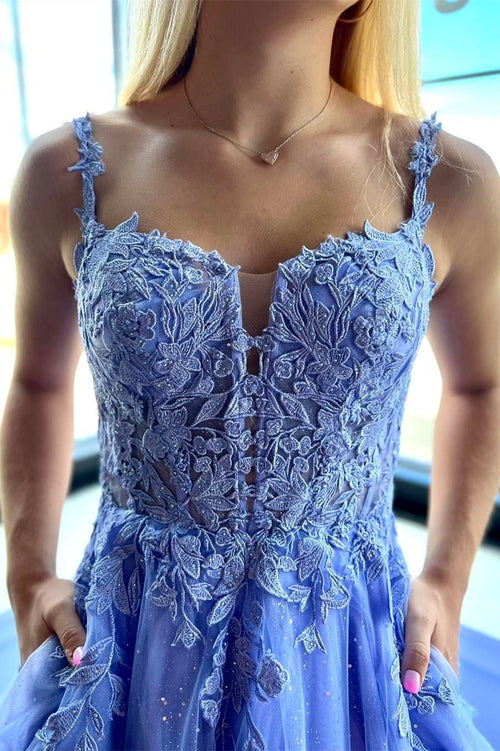 A-Line Spaghetti Strap Tulle Lace Prom Dress with Pockets