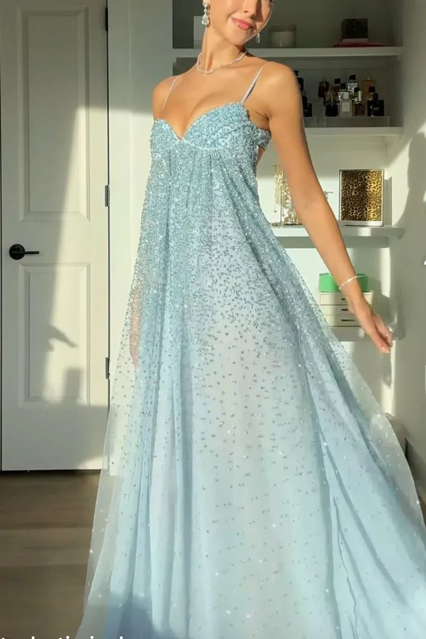 Enchanting Dusty Spaghetti-Strap Sequin A-Line Formal Gown