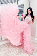 One Shoulder Corset Tiered Long Prom Dress with Ruffles