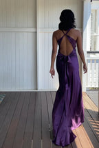 Trendy Sheath Halter Neck Purple Long Party Dress with Open Back Bowknot