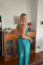 Trendy Sheath Halter Neck Purple Long Party Dress with Open Back Bowknot