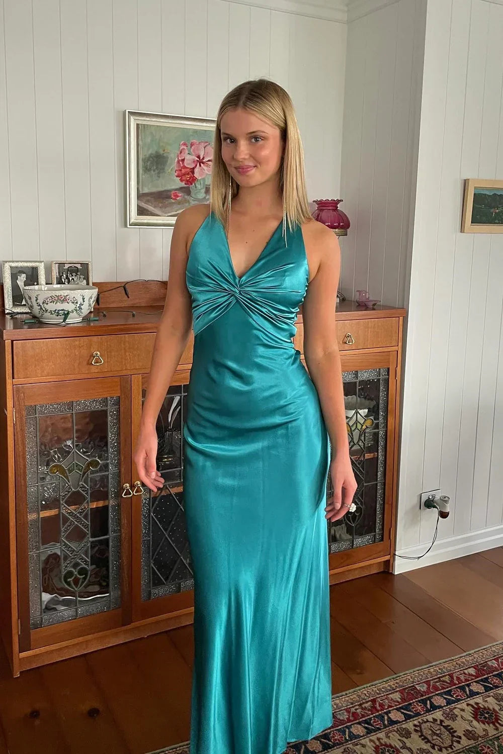 Trendy Sheath Halter Neck Purple Long Party Dress with Open Back Bowknot