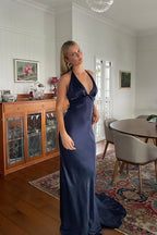 Trendy Sheath Halter Neck Purple Long Party Dress with Open Back Bowknot