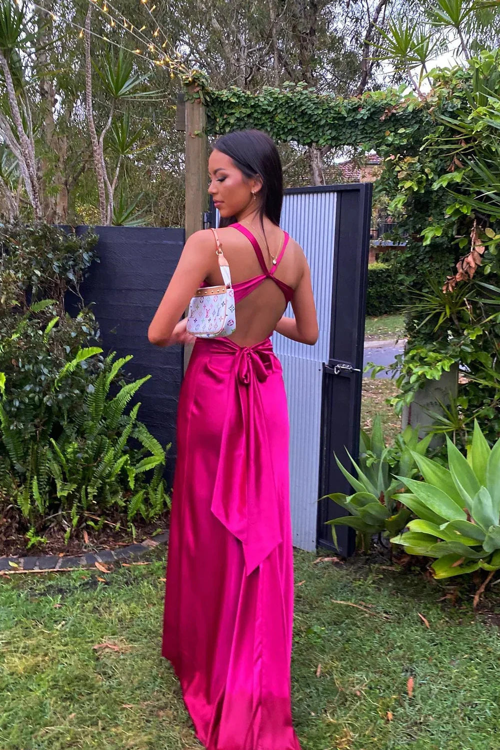 Trendy Sheath Halter Neck Purple Long Party Dress with Open Back Bowknot