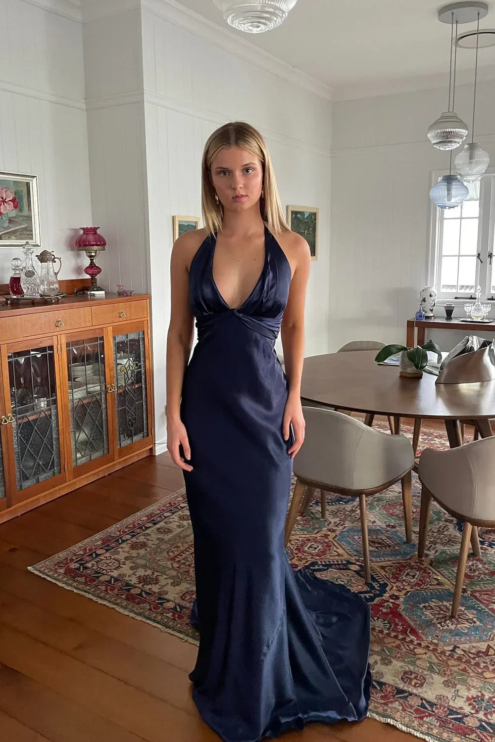 Trendy Sheath Halter Neck Purple Long Party Dress with Open Back Bowknot