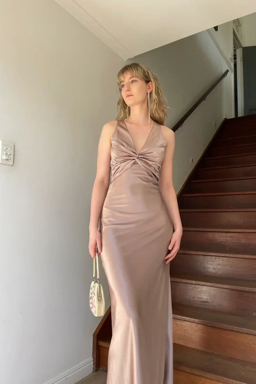 Trendy Sheath Halter Neck Long Party Dress with Open Back Bowknot