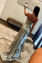 Beaded Neck Gold Ruched Long Dress with Slit