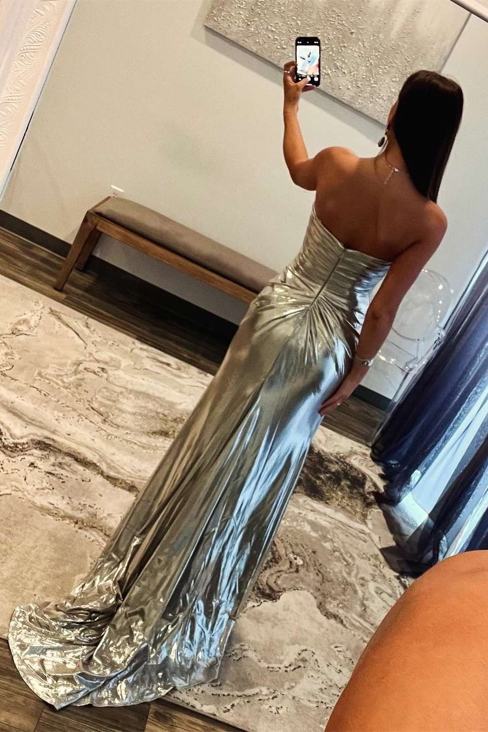 Beaded Neck Gold Ruched Long Dress with Slit