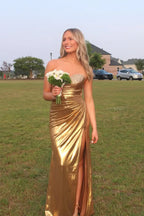 Beaded Neck Gold Ruched Long Dress with Slit