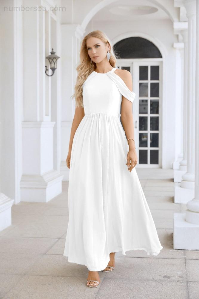 Ladies Chiffon Off Shoulder Swing Sleeve Front Slit Bridesmaid Evening Dress Wedding Party Evening Dress 28117