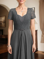 A-line Sweetheart Floor-Length Chiffon Lace Mother of the Bride Dress With Beading Cascading Ruffles