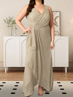 A-Line V-Neck Ruched Metallic Mesh Dress