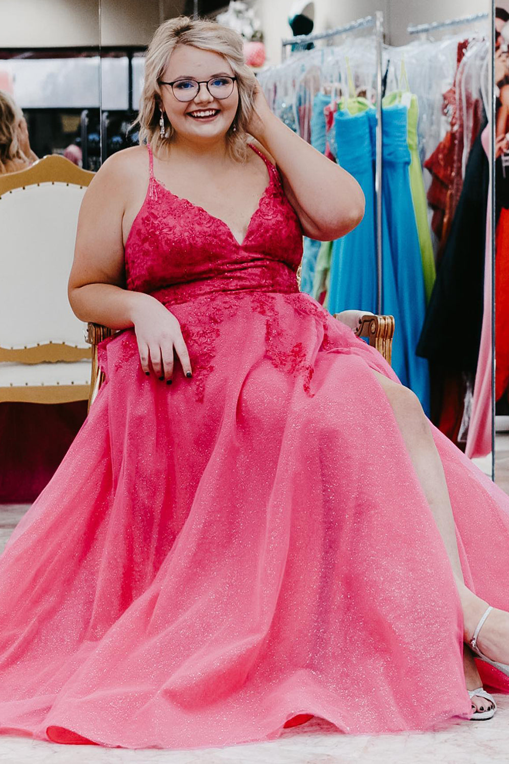 A Line Spaghetti Straps Royal Blue Plus Size Prom Dress with Appliques