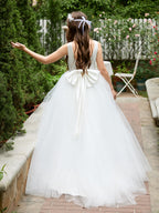 Classic White A-line Sleeveless Satin and Tulle Flower Girl Dress