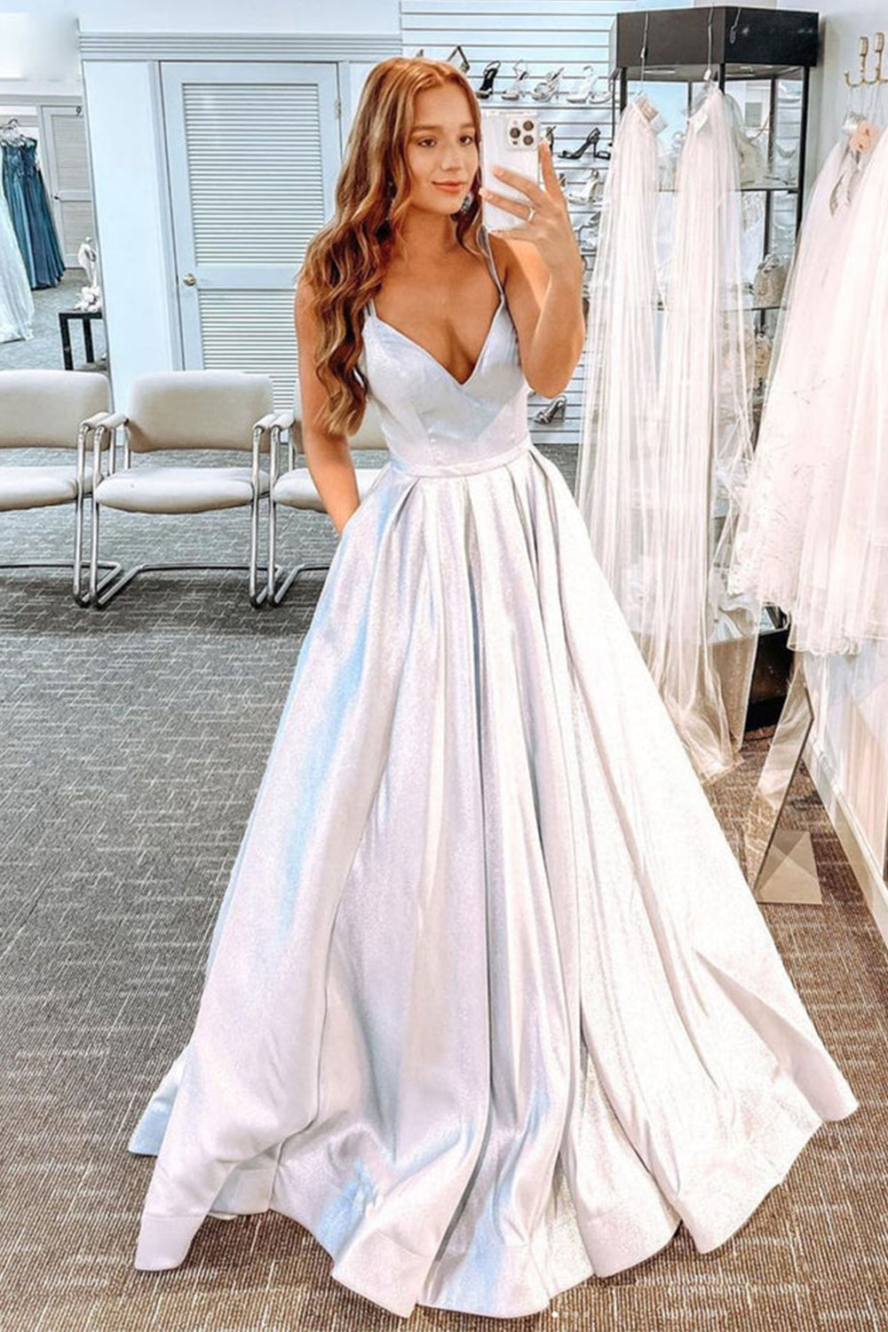 Glitter Long Prom Dress with Pockets