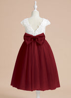 A-line Satin Tulle Tea-length First Communion Flower Girl Dress