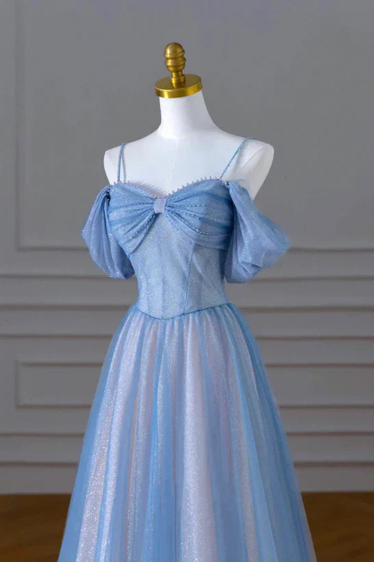A-Line Princess Glitter Blue and Pink Beaded Tulle Long Party Dress Prom Dress