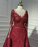 Mermaid Dark Burgundy V-Neck Long Sleeves Appliques Sleeved Dress With Sweep Train