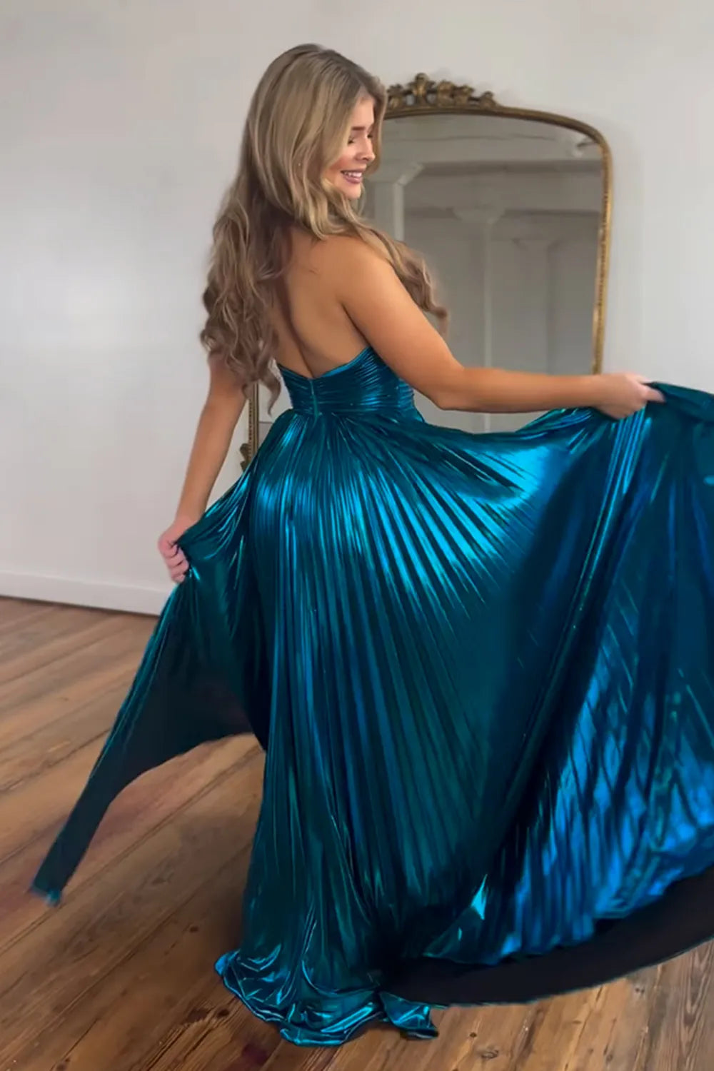 Metallic Blush Halter Neck A-Line Pleated Long Prom Dress with Slit