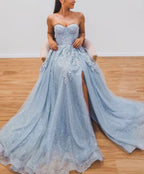 A-Line Evening Gown Sparkle & Shine Dress Formal Court Train Sleeveless Sweetheart Tulle with Beading Slit Appliques