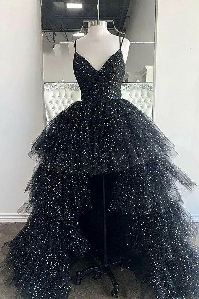 A Line Spaghetti Straps Tiered Tulle High Low Prom Dress