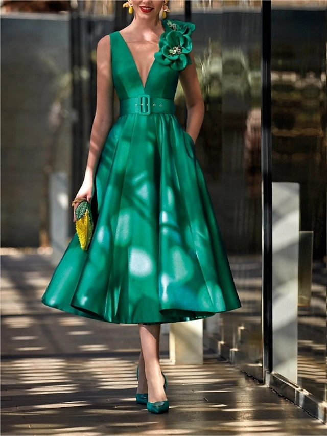 A-Line/Princess V Neck Sleeveless Tea-Length Mother of the Bride Dresses with Belt Ruffles Applique