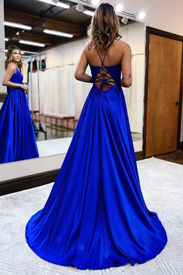 A-Line Long Satin Dark Green Prom Evening Dress with Split