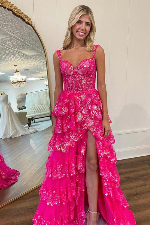 A Line Lace Tiered Stunning Prom Dress Evening Dress With Split