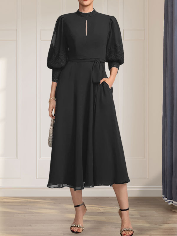 A-line High Neck Tea-Length Lace Chiffon Mother of the Bride Dress With Bow