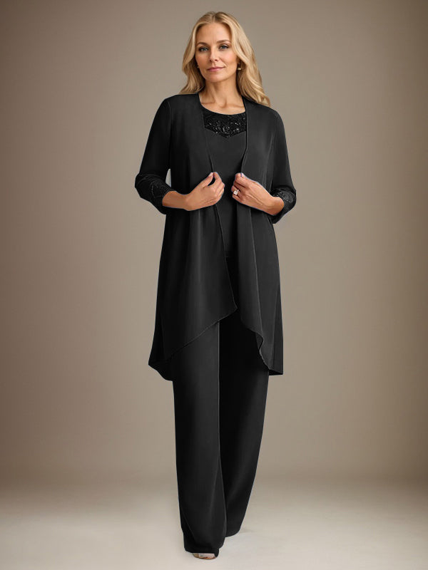 Chiffon Scoop Long Sleeves Mother Of The Bride Pantsuits With Jacket