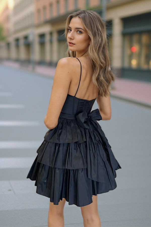 Straps Satin A-Line Short Corset Homecoming Dress With Bow