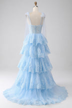 Princess Spaghetti Straps Tiered Corset Prom Dress with Appliques