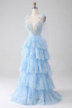 Princess Spaghetti Straps Tiered Corset Prom Dress with Appliques
