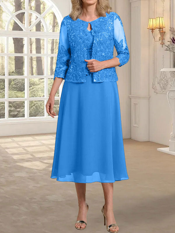 A-line Scoop Tea-Length Lace Chiffon Mother of the Bride Dress With Sequins