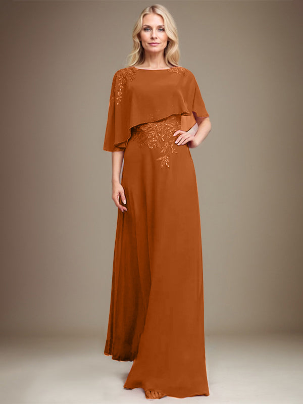 A-line Scoop Floor-Length Chiffon Lace Mother of the Bride Dress With Sequins Beading