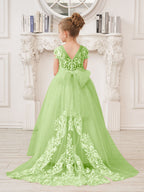 A-line Lace Tulle Sweep Train Pink Flower Girl Dress