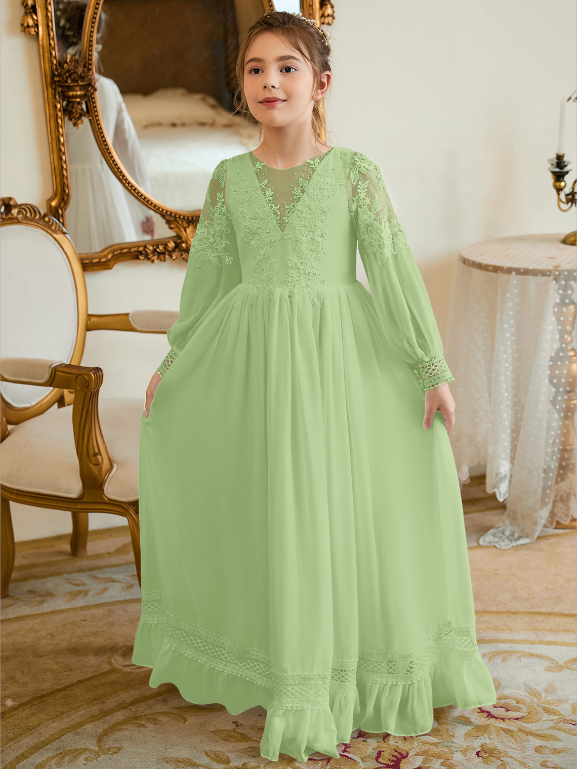 A-line Chiffon Floor-length Ivory First Communion Dress