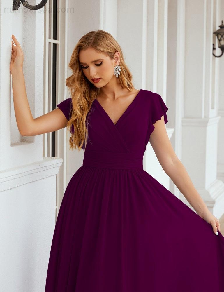 Numbersea V-Neck Bridesmaid Dress Floor Length Backless Formal Evening Dress 28024