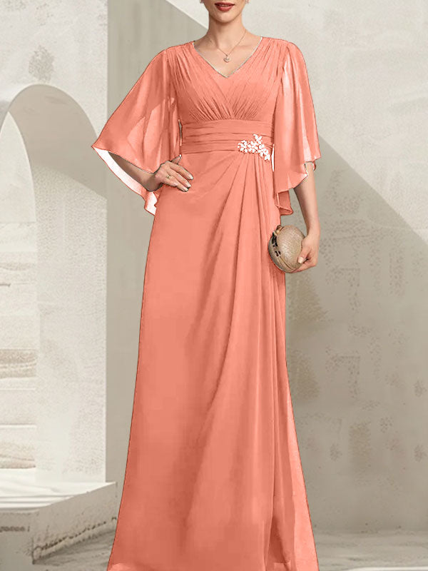Sheath/Column V-Neck Floor-Length Chiffon Mother of the Bride Dress With Pleated Sequins Beading