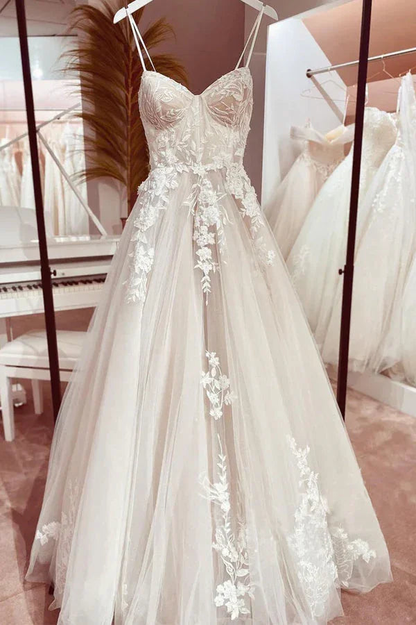 Corset Bodice Spaghetti Straps A Line Lace Wedding Dress Bridal Gown