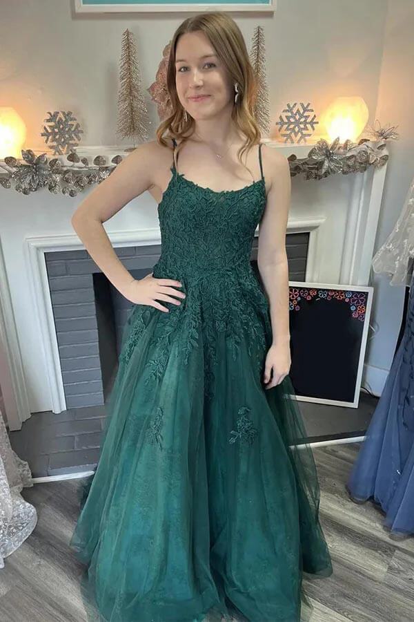Tulle A-line Scoop Spaghetti Straps Long Prom Dresses