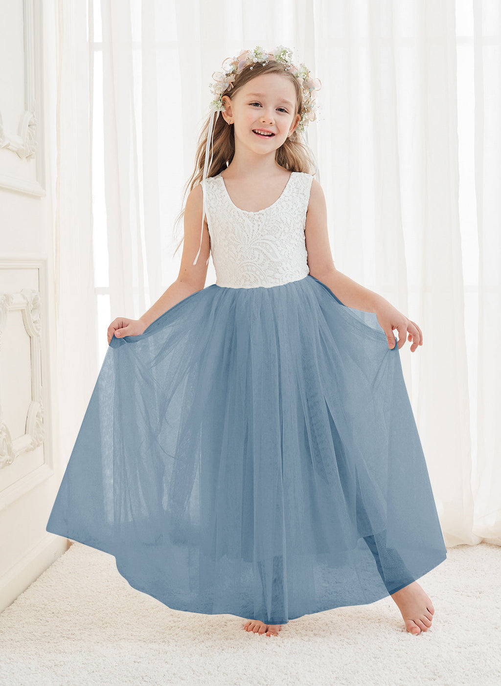 A-line Lace Tulle Ankle-length White Dress (2003227597)