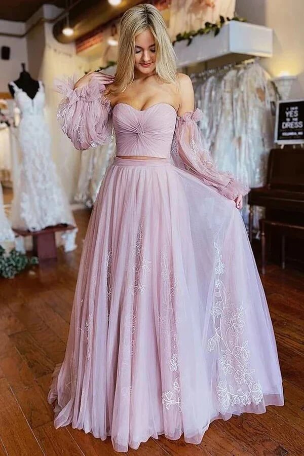 A-line Two Pieces Lace Appliques Prom Dresses With Sleeves