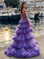 Pleated Sheer Corset Top Strapless Tiered Layered Ball Gown Prom Dress