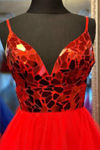 A-line V-Neck Mirror-Cut Sequins Ruffle Layers Long Prom Dress