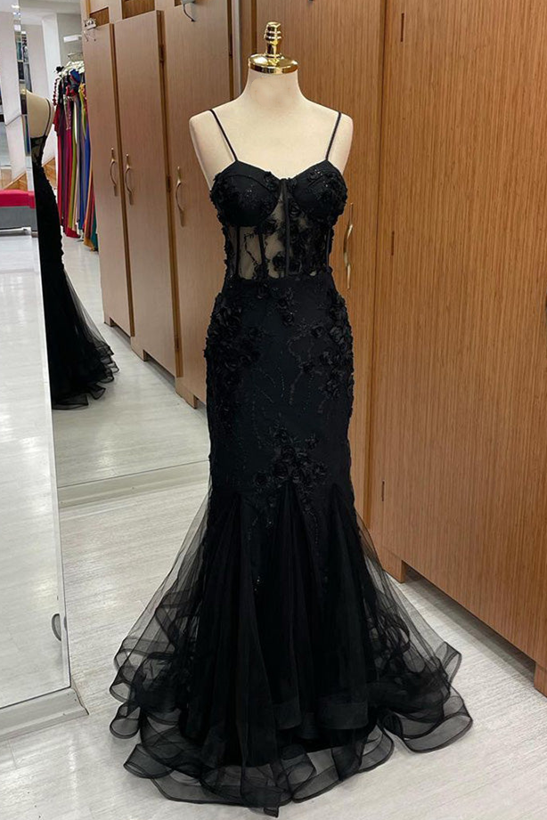 Sweetheart Straps Mermaid Appliques Tulle Long Prom Dress