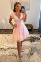 A-line Deep V Neck Tulle Homecoming Dress with Feathers