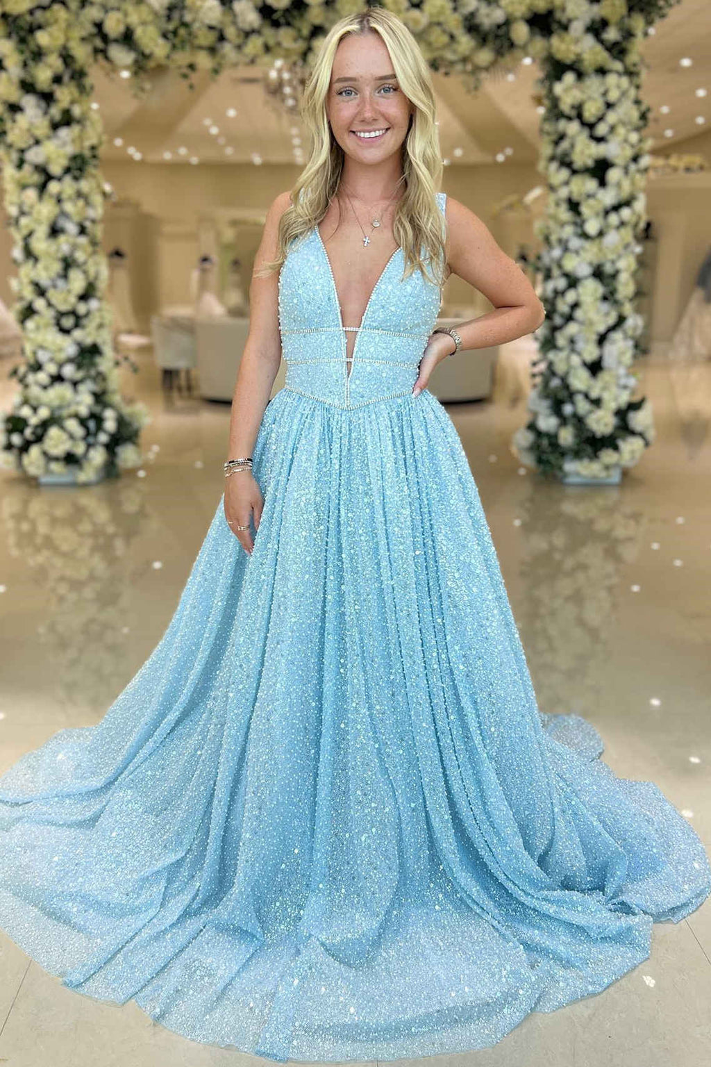 A line Plunging V Neck Sequins Prom Dress