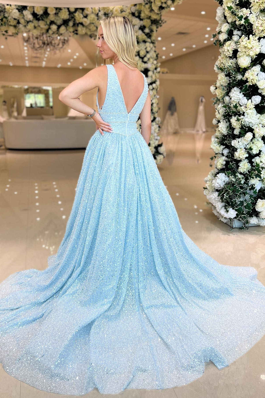 A line Plunging V Neck Sequins Prom Dress