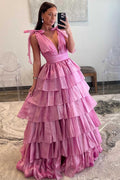 RGlitter Tie Straps Pink Plunging Neck Tiered Long Prom Dress
